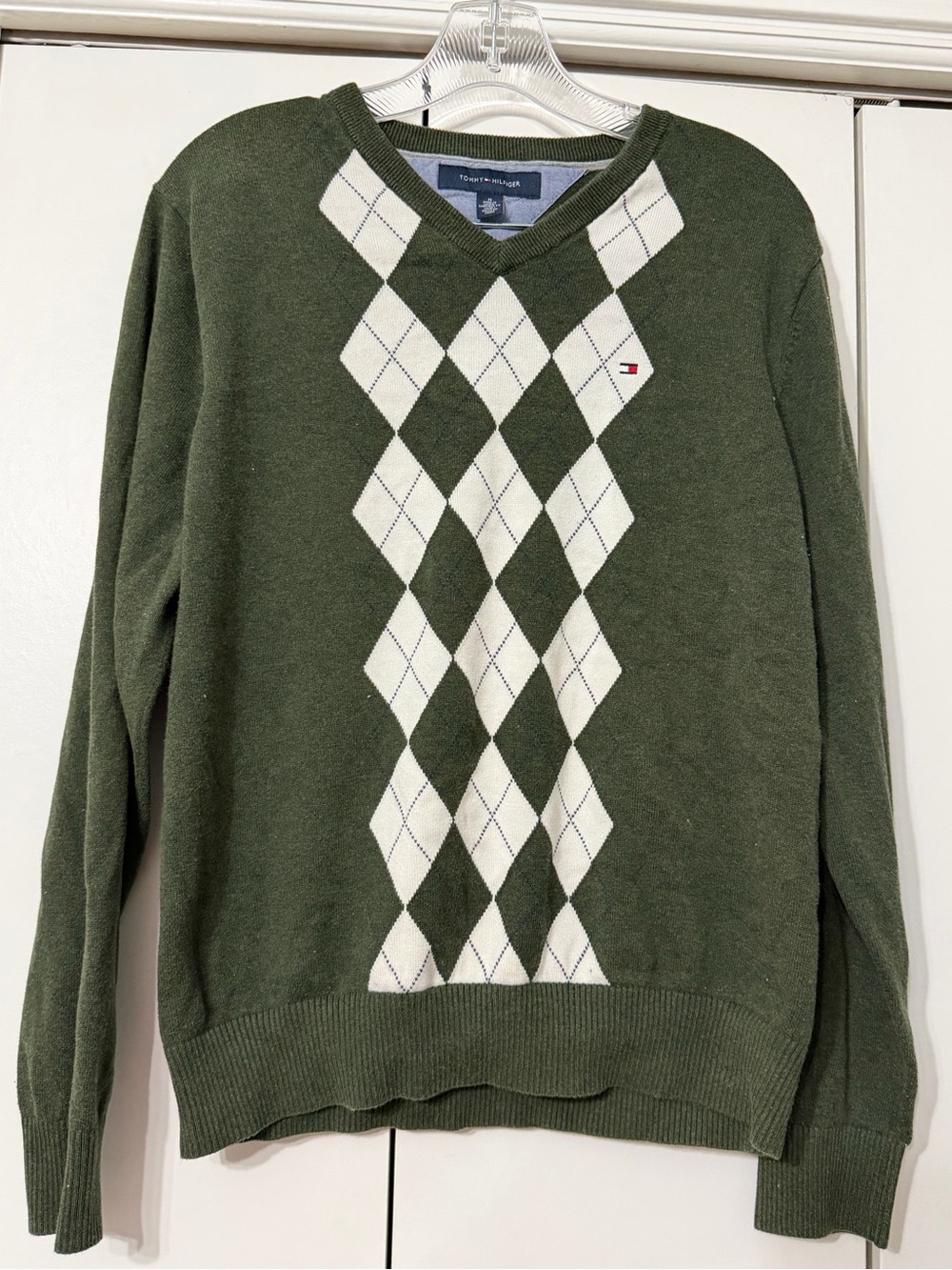Tommy Hilfiger Men's Olive Green Argyle V-Neck Sweater